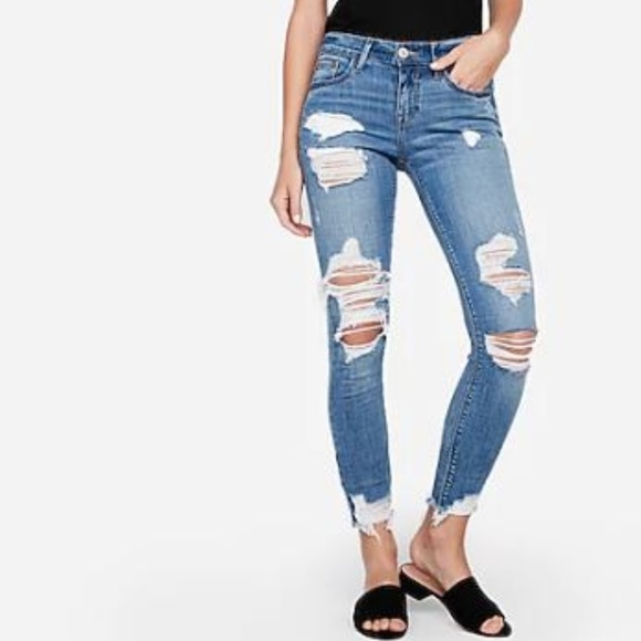 Express Denim - Mid Rise Medium Wash Ripped Ankle Leggings